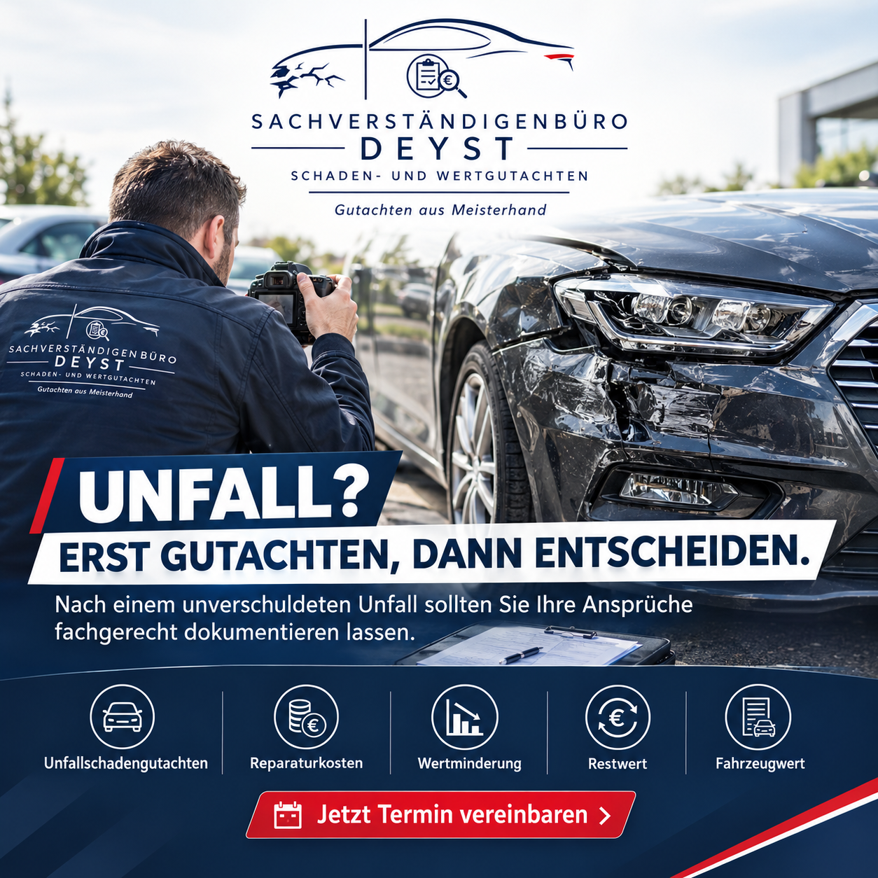 Deyst: Ein Sachverständiger dokumentiert einen Fahrzeugschaden. Erst Gutachten, dann entscheiden.